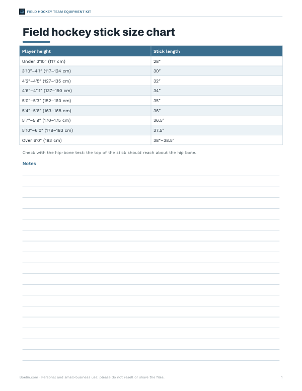 Preview of Printable Field Hockey Stick Size Chart